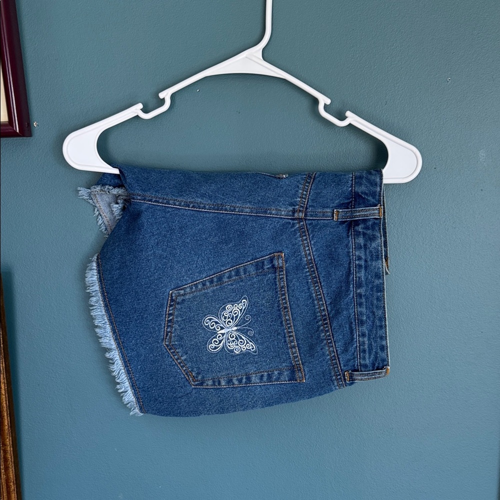 Women’s Blue Denim Jean Shorts with Embroidered Butterfly